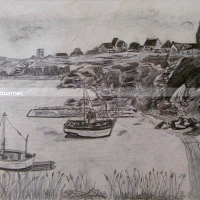 Jean Paul Scouarnec Port de Houat bateaux peche a sec dessin crayon
